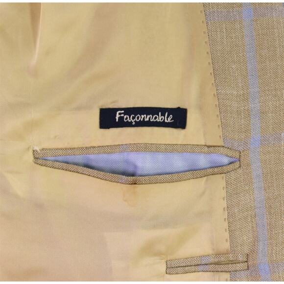 Faconnable by R. Caruso Lt Brown w/ Sky Blue Windowpane Wool-Silk Sportcoat 48L - Picture 8 of 12